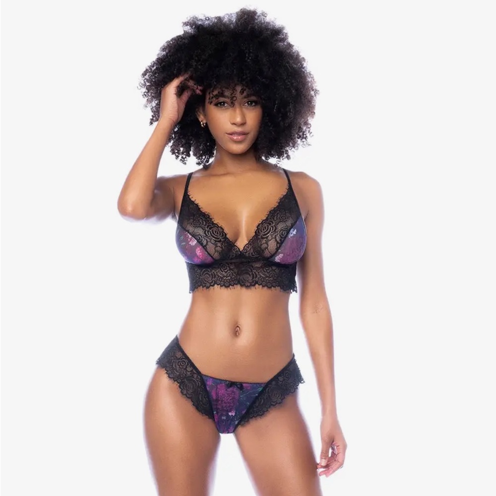 NWT Black and Purple Lace Bralette Lingerie Set